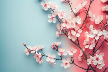 Fototapeta premium Beautiful pink cherry blossoms on branches against a pastel blue and pink background, highlighting spring and nature's beauty.