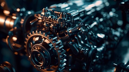 Fototapeta premium A close-up of an engine's inner workings, with gears and components moving smoothly in a dark, moody setting, underscoring reliability and innovation