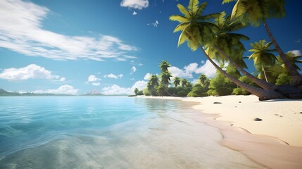 Tropical beach panorama with palm trees and blue sky.