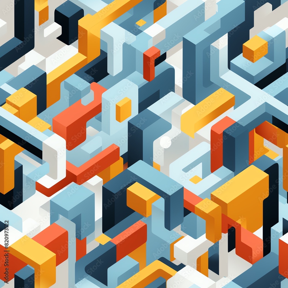 Poster colorful abstract geometric pattern with interlocking shapes and vibrant tones, creating a modern an