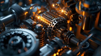A close-up of an engine's inner workings, with gears and components moving smoothly in a dark, moody setting, underscoring reliability and innovation
