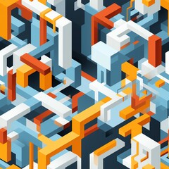 Fototapeta premium Colorful abstract geometric pattern with interlocking shapes in orange, blue, and white tones, creating a dynamic optical design.
