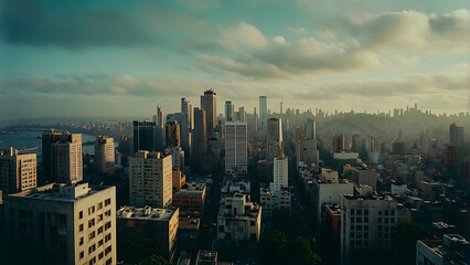 Fototapeta premium Sunrise Over Bustling Concrete Jungle Captured From Rooftop