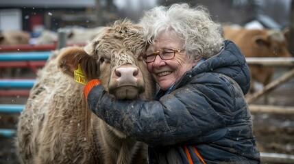 a young woman farm worker expressing her care for animal health by tenderly hugging a cow, against a minimalist background.