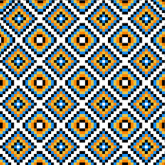 Seamless geometric pattern in tribal, folk embroidery Pixel fabric pattern in black, blue, green, red, yellow, white. Seamless multicolored geometric square vector background. Design for mosaic