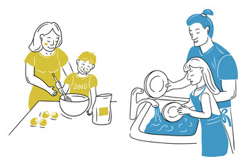 Monochrome doodle set with parents and children on kitchen. Cooking and washing dishes together. Outline sketchy illustration isolated on white background. Vector family concept for logo, sticker