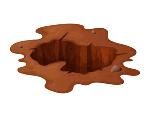 Ground pit hole in cartoon with stones and soil. Dirty brown underground dig or mine, burrow, pile. Vector illustration isolated on white background