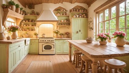 A cozy kitchen in a cottage with wooden cabinets, a farmhouse sink, and a large wooden table 