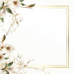 Elegant floral frame with delicate white flowers and gold accents on a light background, perfect for invitations and wedding designs.