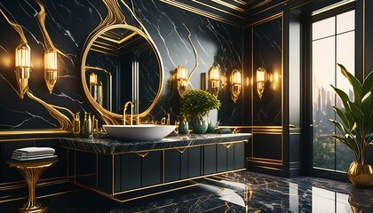 An elegant bathroom with black marble countertops, gold accents, and a large mirror. 