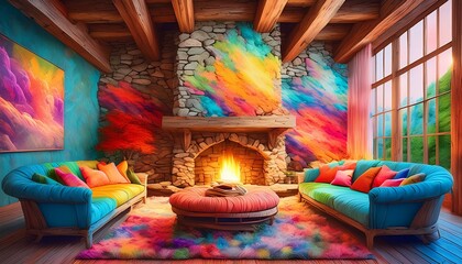 Features a stone fireplace, wooden beams, and plush furniture. The background walls are smooth
