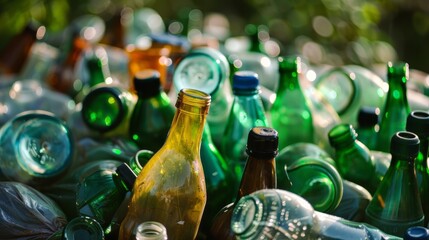 Plastic bottles trash on the background top view in green color. The problem of ecology, waste recycling, waste disposal, reusable use, recyclables use, consumer culture.