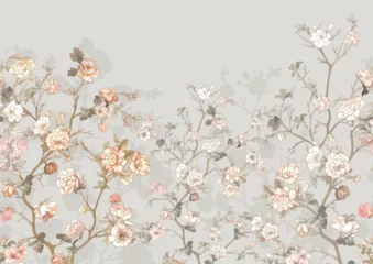 Poster Japandi stijl Blossom trees with flowers. Seamless pattern, background. Vector illustration. In Chinoiserie, japandi, botanical style  © Elen  Lane