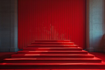 Fototapeta premium Elegant red steps leading to a modern architectural entrance, creating a minimalist and vibrant visual ambiance with gradient lighting.