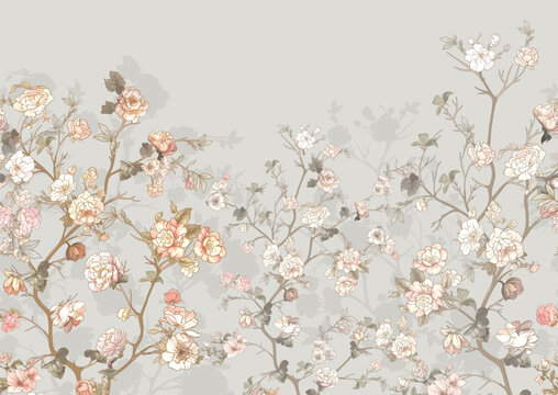 Blossom trees with flowers. Seamless pattern, background. Vector illustration. In Chinoiserie, japandi, botanical style