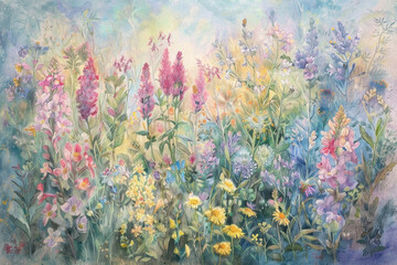 A pastel mosaic of meadow flowers