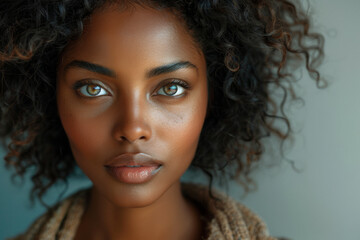 Closeup of curly-haired african american middle-age woman in charismatic engaging glamorous portrait