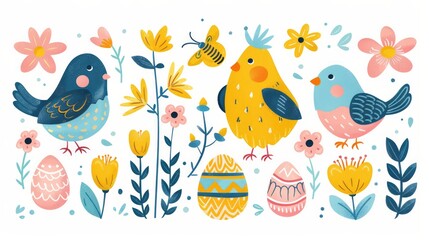 Fototapeta premium Playful illustration of springtime icons like bees, birds, flowers, and Easter eggs in a flat hand-drawn style.