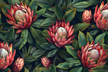 tropical exotic seamless pattern with protea flowers in tropical leaves hand drawn 3d illustration good for design wallpapers fabric printing wrapping paper cloth notebook covers AI