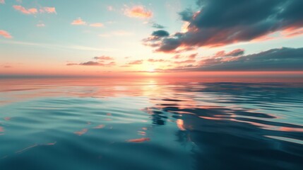 Obraz premium Spectacular abstract image of a scenic calm ocean, sunrise sky reflecting in the water. Sunset and natural. Digital art 3D illustration.