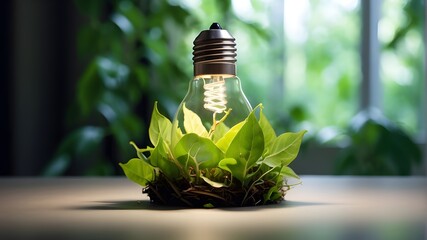 eco-friendly lightbulb made of fresh leaves topped vie, developed with the idea of sustainable living and renewable energy