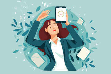 Exhausted Businesswoman Turning Off Smartphone for Digital Detox and Relaxation
