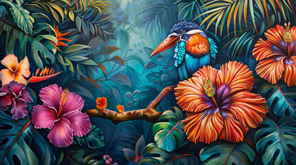 Colorful painting of a tropical paradise with lush leaves, bright flowers, and an exotic bird