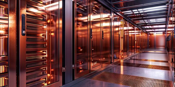 Copper Hued Data Harvesting Hub: Featuring a data center where specialists extract and evaluate precious data stored