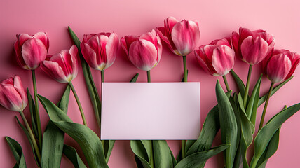 Elegant Pink Tulips with Blank Card. Pink Tulip Bouquet with Space for Text on Pink Surface. Pink tulips with a card on top on pink background. Elegant pink tulips with blank card,
