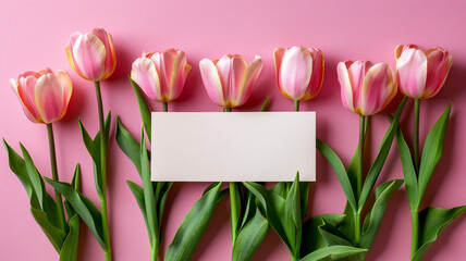 Elegant Pink Tulips with Blank Card. Pink Tulip Bouquet with Space for Text on Pink Surface. Pink tulips with a card on top on pink background. Elegant pink tulips with blank card,