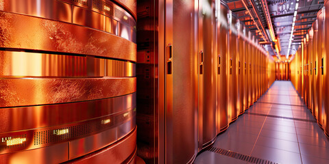 Copper Hued Data Harvesting Hub: Featuring a data center where specialists extract and evaluate precious data stored