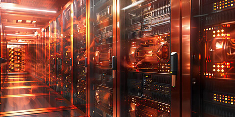 Copper Hued Data Harvesting Hub: Featuring a data center where specialists extract and evaluate precious data stored