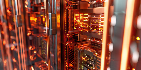 Copper Data Mining Facility: Showing a facility where data miners extract and analyze valuable information, with copper-colored servers and massive data storage units
