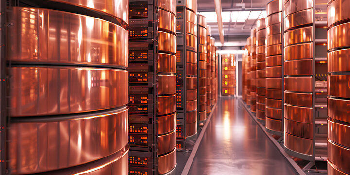 Copper Data Mining Facility: Showing a facility where data miners extract and analyze valuable information, with copper-colored servers and massive data storage units