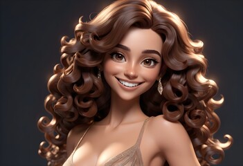 Fototapeta premium a cartoonistic 3d portrait of a smiling brunette model with long and curly hairs and glamorous makeup behind tranparent luxrious background