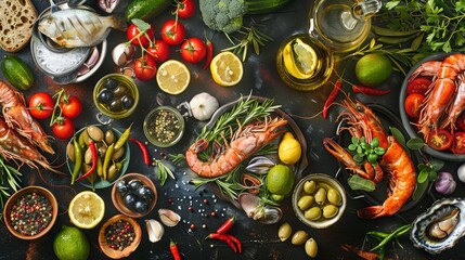 A creative layout of a Mediterranean diet platter, illustrating various vegetables, olive oil, and seafood, paired with a banner template emphasizing heart health