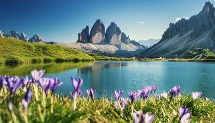 awesome nature landscape alpine lake with crystal clear water and frash grass and flowers perfect...