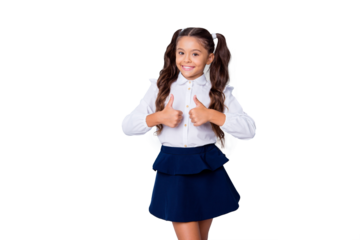 Back to school. Nice cute sweet tender cheerful positive small little girl with curly pony-tails in white formal shirt and blue skirt, showing two thumbs-up. Isolated over grey background