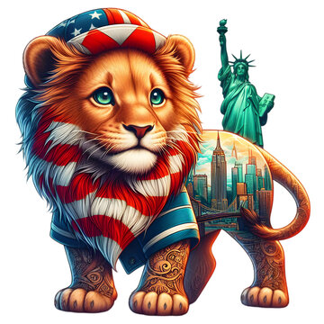 Cute Lion Cub with cap Droste Effect of New York within the Body