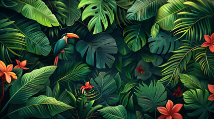 Contemporary illustration of tropical flora and fauna, with a bird surrounded by lush leaves and flowers