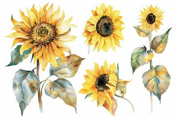 A set of watercolor of sunflowers, a canvas of golden hues that brighten the day, Clipart isolated concept minimal with white background