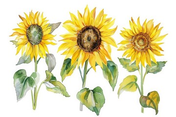 Obraz premium A set of watercolor of sunflowers, a canvas of golden hues that brighten the day, Clipart isolated concept minimal with white background
