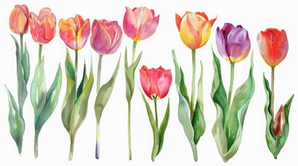 Obraz na płótnie Canvas A set of watercolor of tulips, each brush stroke echoing the blooms springtime awakening, Clipart isolated minimal with white background