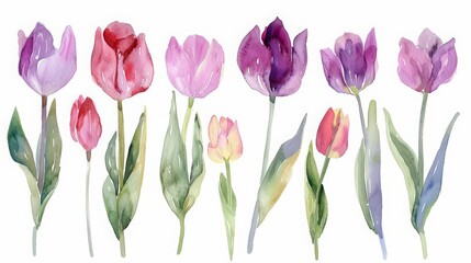 Obraz premium A set of watercolor of tulips, each brush stroke echoing the blooms springtime awakening, Clipart isolated minimal with white background