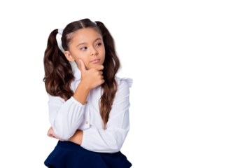 Nice cute tender adorable lovely stylish girl with curly pigtails in white formal blouse shirt and blue skirt, showing thoughtful gesture, hand to chin, copy-space. Isolated over grey background