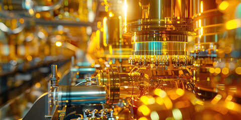 Gold Nanotech Manufacturing Plant: Showing a plant where nanotechnology is manufactured, with gold-tinted machinery and advanced nanomaterials.