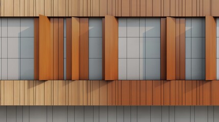 Modern office building facade with vertical metal panels in shades of orange and beige, with large windows