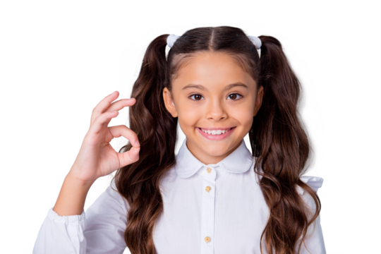 Close-up portrait of nice cheerful dreamy adorable lovely stylish girl with curly pigtails in white blouse shirt, showing ok-sign. Isolated over grey background