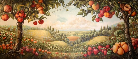 An oil paint mural depicts a whimsical orchard where cherries, peaches, and oranges grow with wild abandon, bordered by fields of strawberries