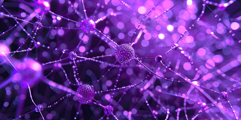 Neural Net Nexus: This vibrant image portrays a bustling environment dedicated to the creation and upkeep of neural networks, characterized by nodes painted violet and a visually striking network